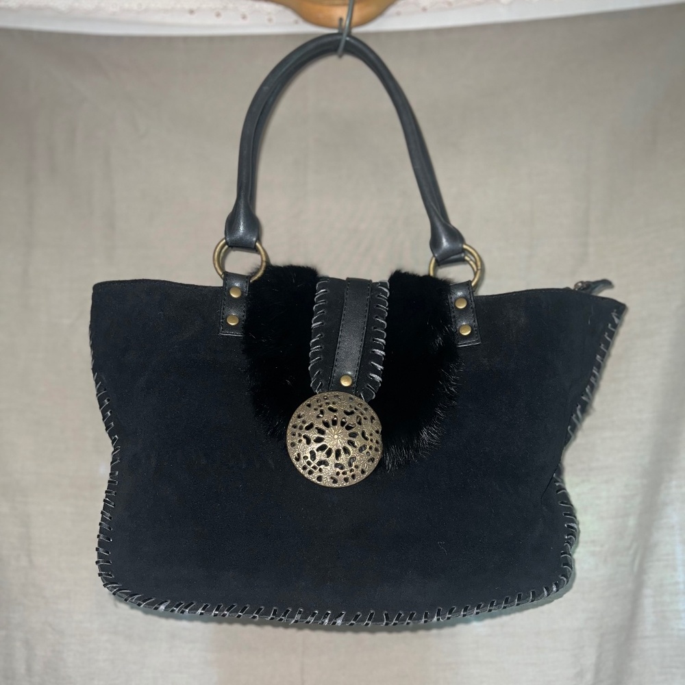 Nicole Lee Leather Suede and Rabbit Fur Purse